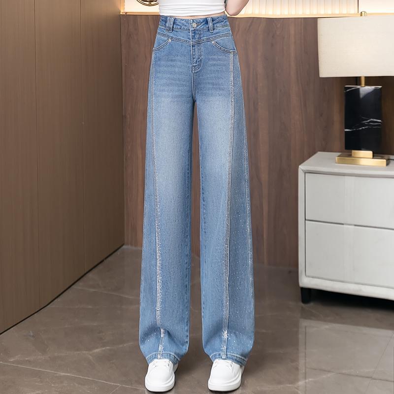 Hot diamond narrow version high waist wide leg jeans women's new summer pants drape wide leg straight pants