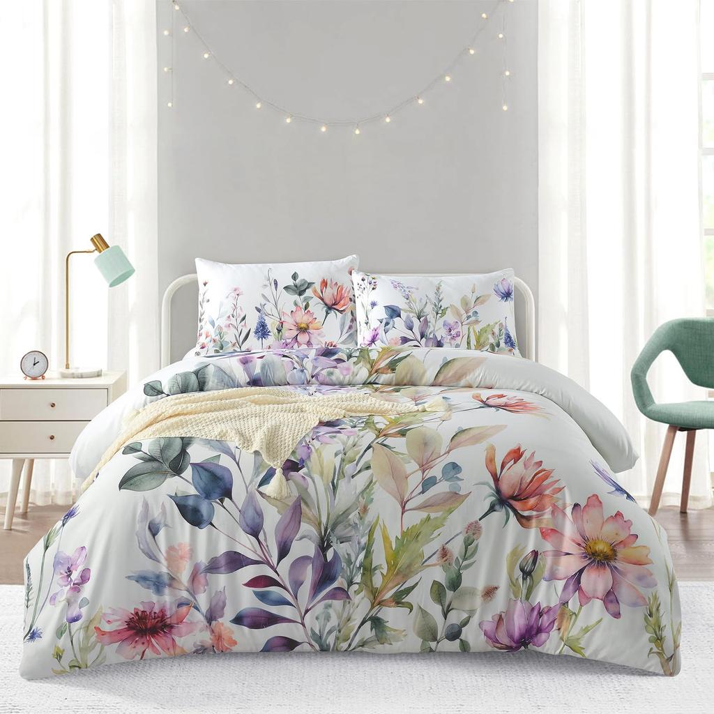 White Leaf Three-piece Quilt Cover Digital Printing Bedding Set Simple Flower Bed Cover