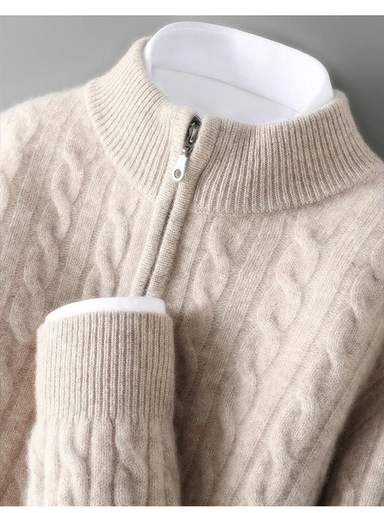 Men's Autumn/Winter Pure Wool Half-High Collar Zipper Sweater