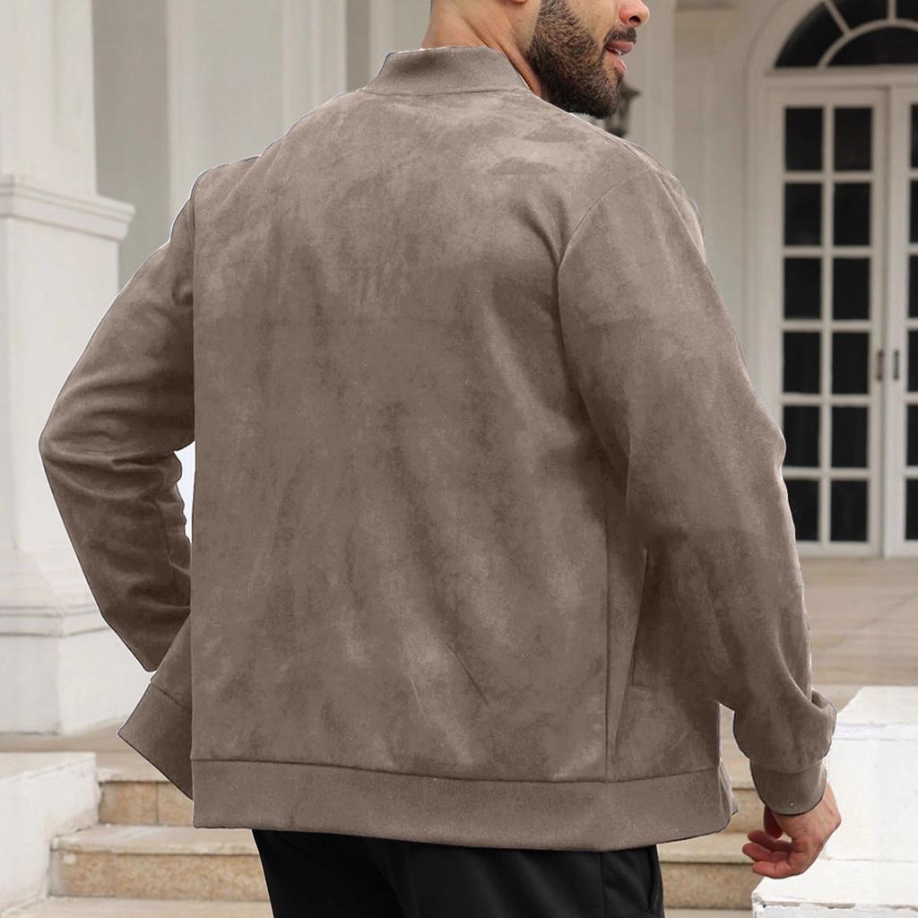 Men's Casual Varsity Jacket Vintage Lightweight Stand Collar Outwear Bomber Jackets With Pockets Cozy Full Zip Up Faux Suede Bomber Jacket for Men