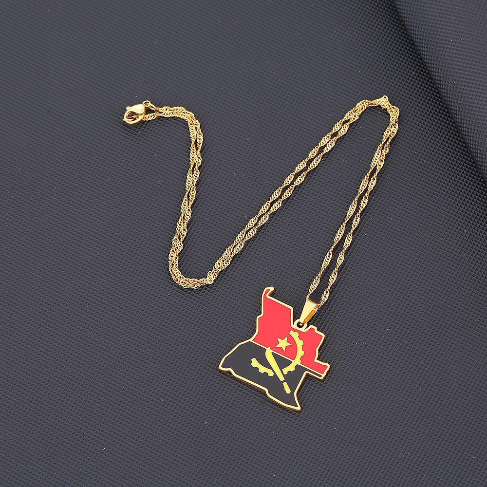 SONYA Enamel Drop Oil Angola Map Flag Pendant Necklace For Women Girls Stainless Steel Angolan Jewelry Ethnic Party Gifts
