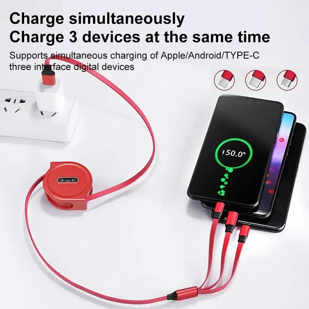 1 шт. Выдвижной кабель 3-в-1 USB Type C Micro USB 8-контактный для зарядки телефона, 110 см, 3A, быстрая зарядка, кабель USB C Amagi