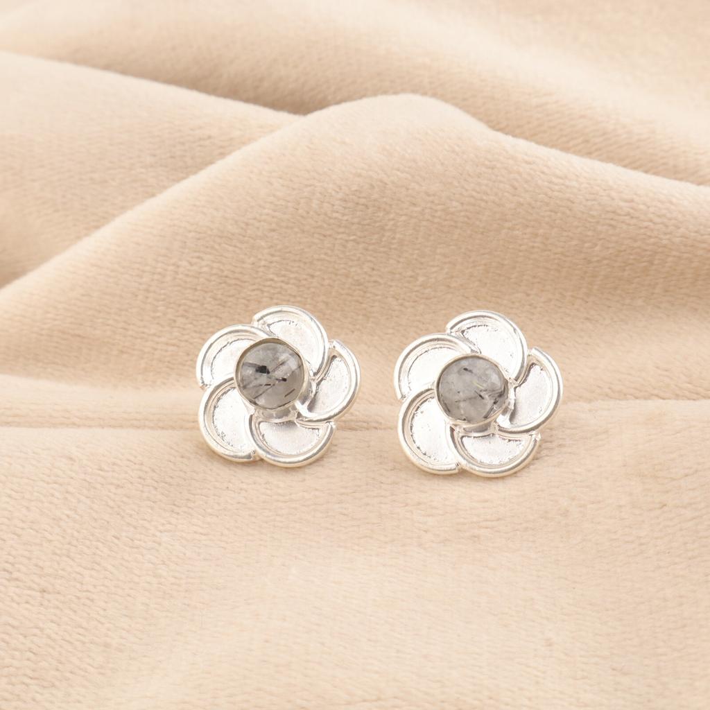 Round Black Rutile Stone Sterling Silver Butterfly Wedding Stud Earrings Jewelry EE-157-32
