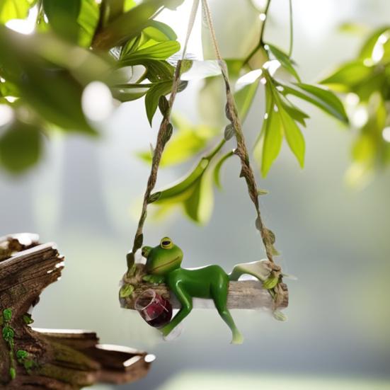 Садовые качели Лягушка Полимерная статуэтка лягушки на качелях с красным вином/напитками в руке для балкона, сада, цветочных горшков, наружного и внутреннего декора