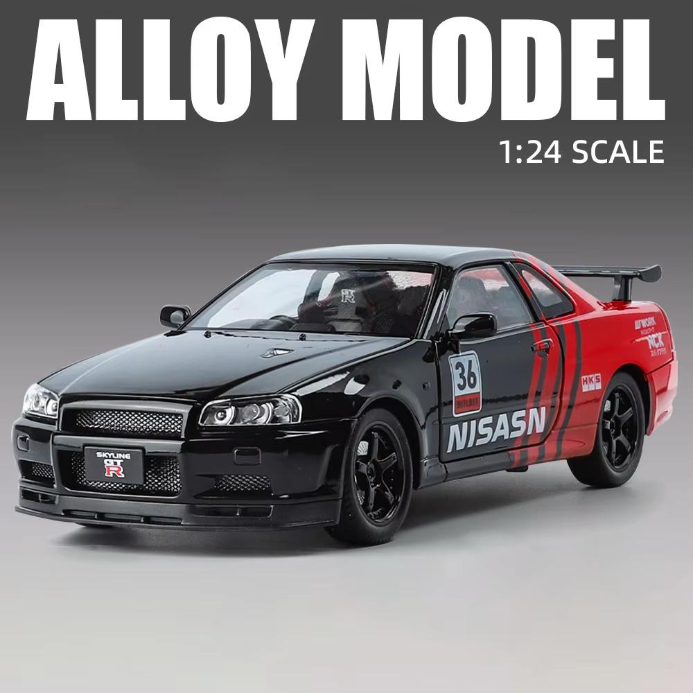 1:24 Полномасштабная модель автомобиля GTR R34 с четырьмя колесами, амортизирующим рулевым управлением, четырьмя дверями, литой под давлением, со звуком и светом, инерционная модель, игрушечный подарок для мальчика