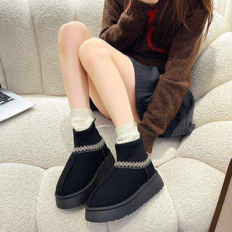 2025 новые зимние толстоподошвенные снежные флисовые теплые сноубутсы женские флисовые утолщенные шерстяные вязаные ботинки