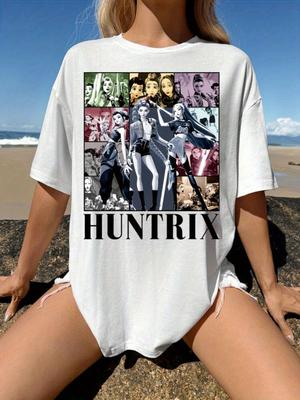 Женская футболка оверсайз с графическим принтом «Охотница», вдохновленная фильмом, принт «Герой боевика», спущенное плечо, свободный крой, короткий рукав, летняя футболка