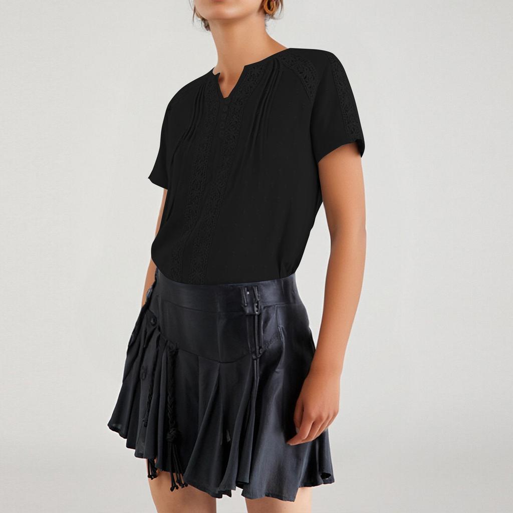 Solid Color Lace Hollow Pleated Top V-Neck Pullover Short Sleeved T-Shirt For Women