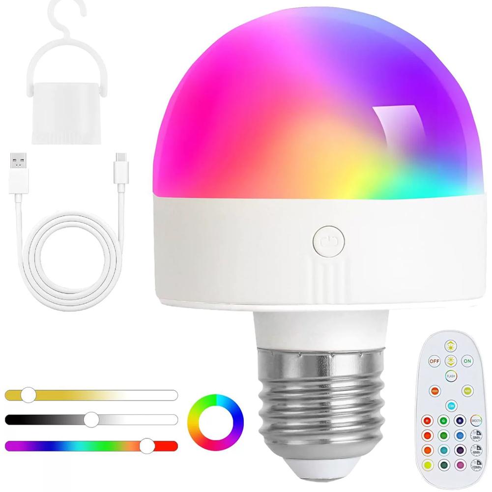 Перезаряжаемая светодиодная лампа E27/E26 RGB с пультом дистанционного управления, бесступенчатым диммированием, трехцветным светом для настенных светильников, люстр, настольных ламп, таймер