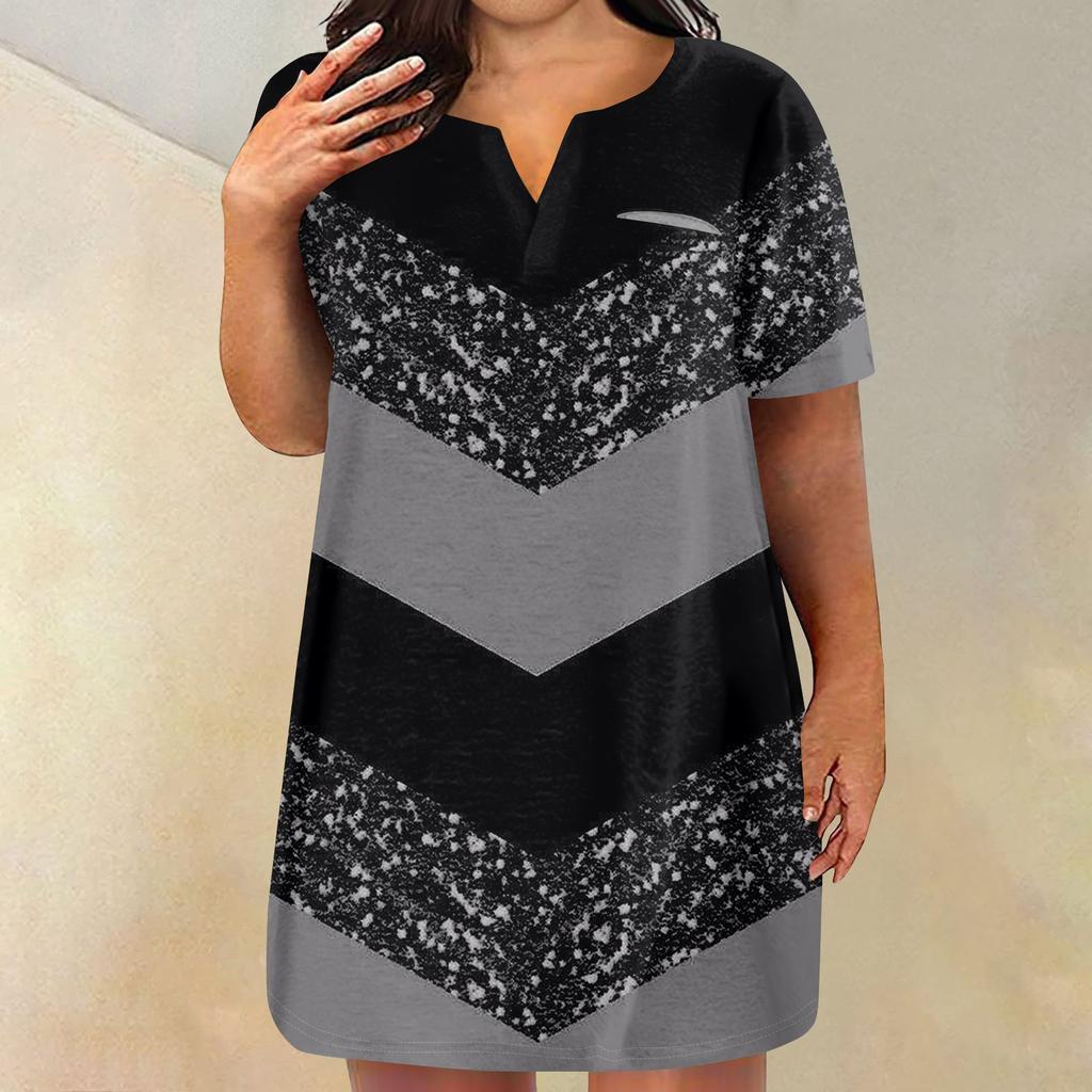 Womens Plus Size Dresses V Neck Short Sleeve Summer Casual Dress Tunic With Pocket