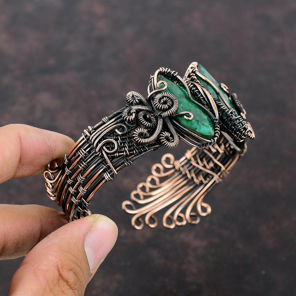 Браслет-манжета с граненым замбийским изумрудом, браслет с драгоценными камнями, медная проволока, регулируемый браслет, медные ювелирные изделия, браслет для подарка, ювелирные изделия ручной работы