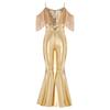Girls Fashion Spaghetti Strap Sleeveless Sparkly Sequins Tassels Shiny High Waist Flared Jumpsuit Pageant Outfit