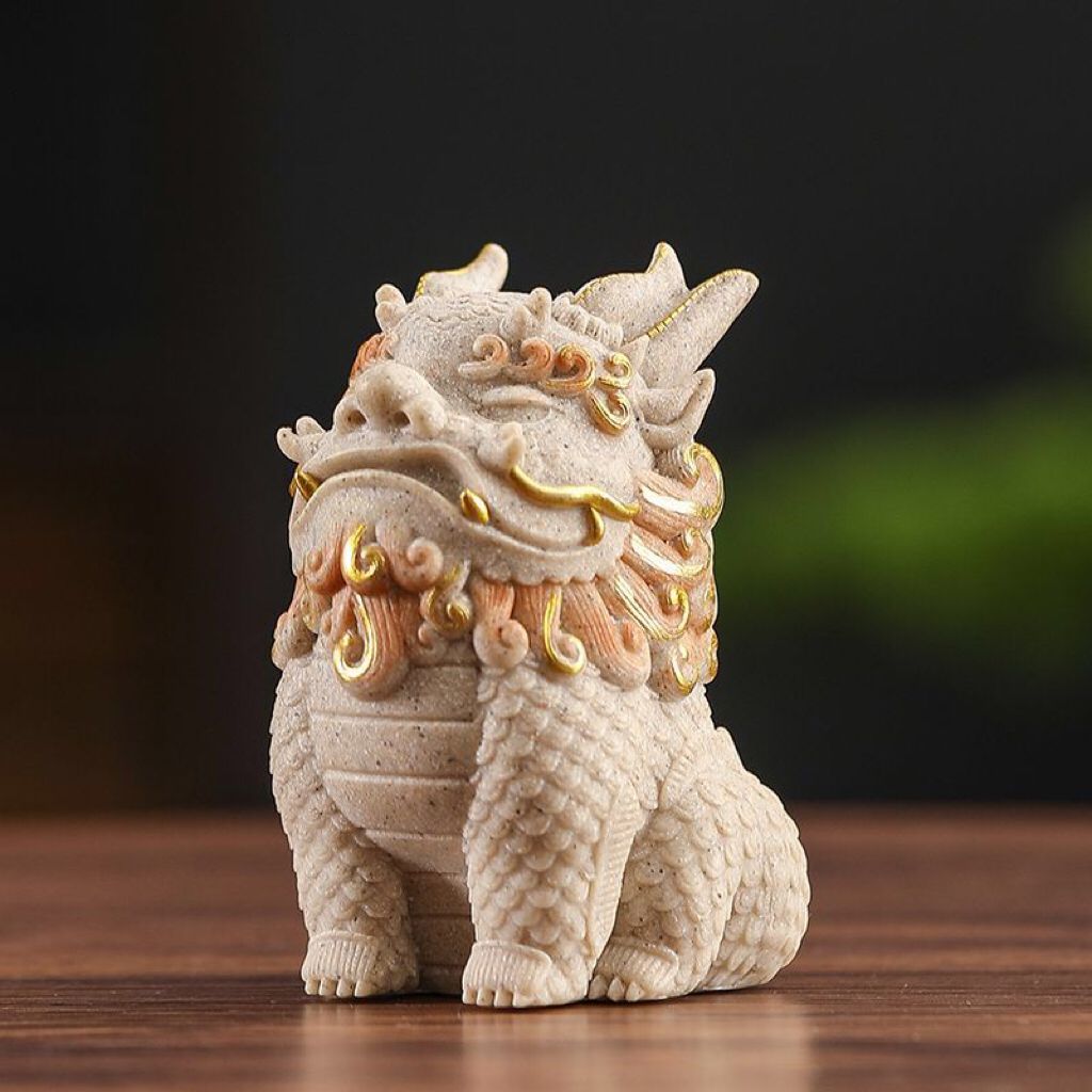 Sandstone Pixiu (mythical creature) figurine, a decorative item for office desks and workstations, featuring a Qilin (mythical creature)