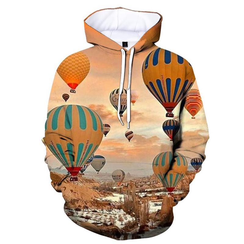 3D Printed Hot Air Balloon Hoodie For Men Colorful Pattern Long Sleeves Fashion Casual Sweatshirt Loose Pullover Hoodies Tops