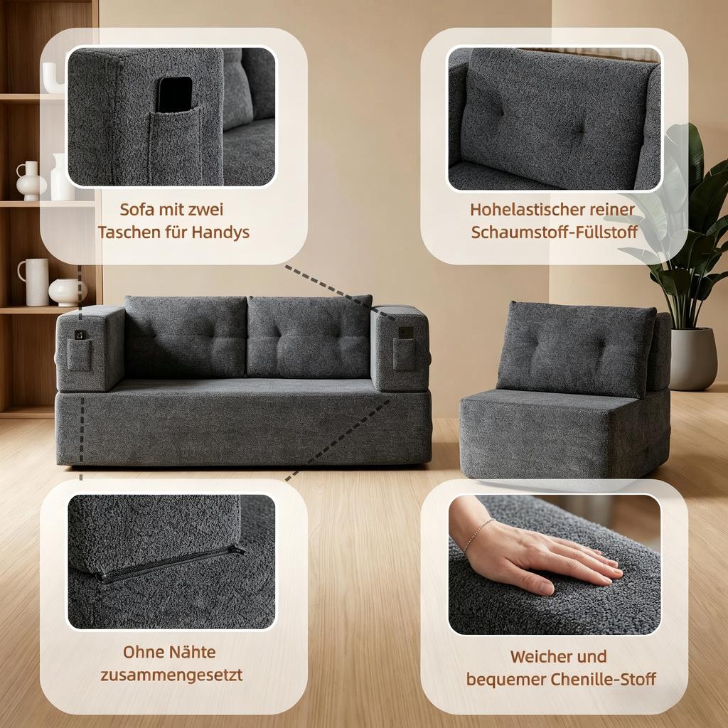 Modular cloud sofa with armchair, foldable sleeper, guest bed & floor sofa, convertible sofa with pockets for phone and remote control, Light Gray