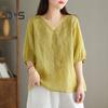 Women Summer Tops V-neck Half Sleeve Embroidery Pattern Pullover Tops Solid Color Loose Fit Commuting Style Tops