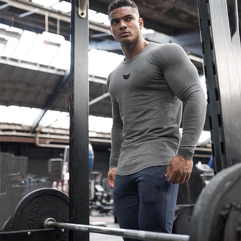 Muscleguys Брендовая футболка мужская весенняя хлопковая футболка мужская однотонная спортивная футболка с круглым вырезом топы с длинными рукавами мужские облегающие футболки