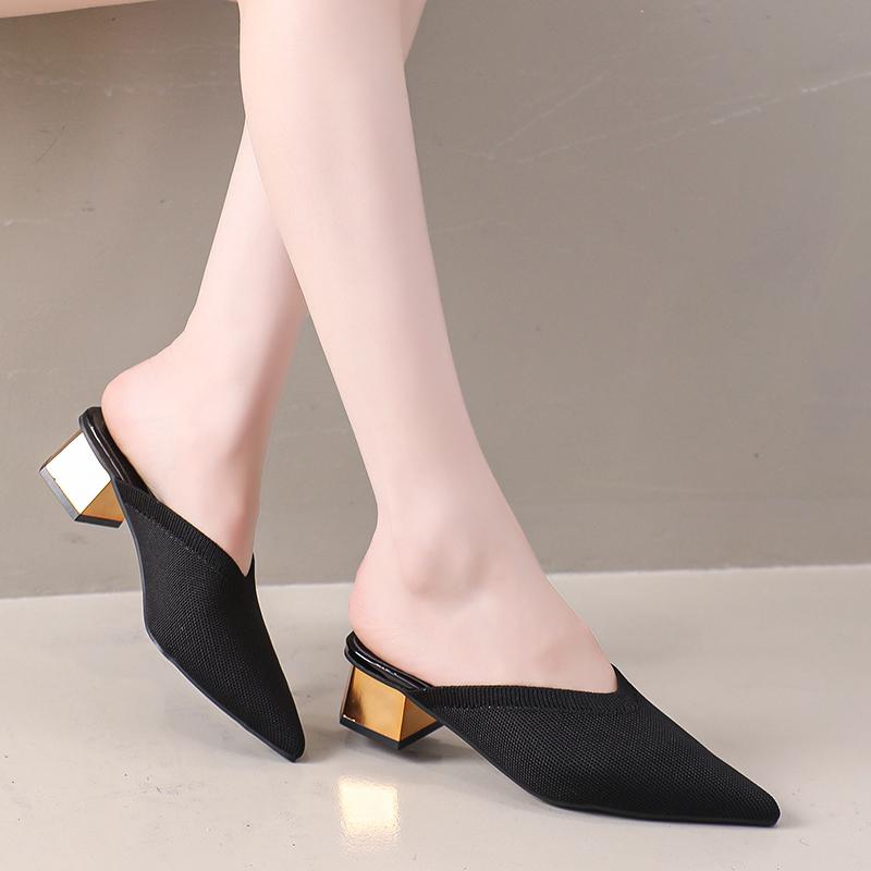 Летние Осенние Популярные Женские Модные Остроносые Вязаные Эластичные Ретро Обертывающие Голову Полуботинки Универсальные На Толстом Каблуке Крутые Шлепанцы