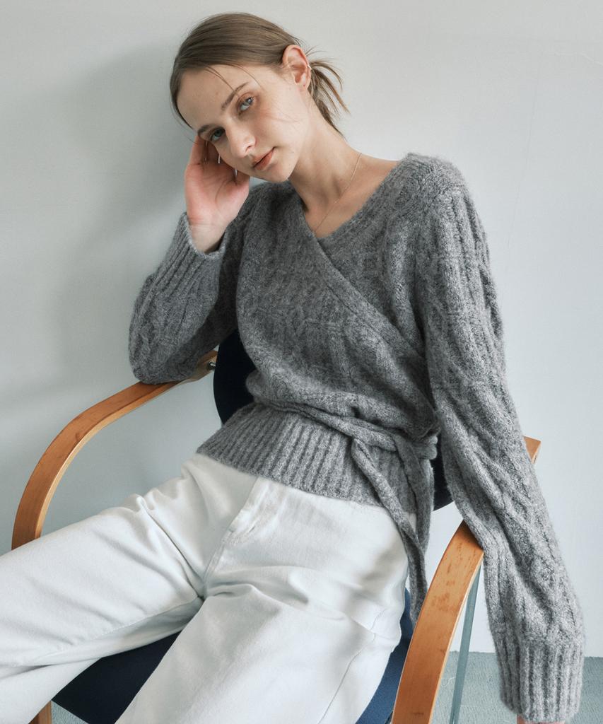 MONGDOL Asymmetrical Cable Wrap Knit Top Grey Mdkt114Gray
