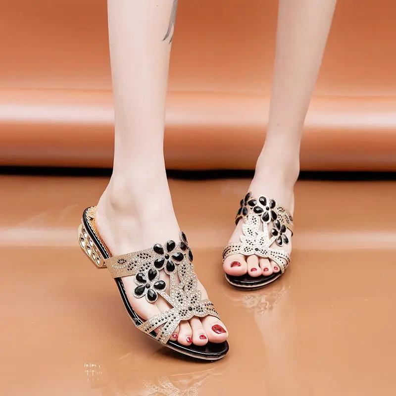 Fashion Rhinestone Women's Slippers and Ladies Sandals Low Heel Korea Style Pvc Vip Shoes Chic Elegant Price Slides On Promotion Unique