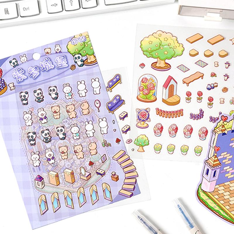 4 Style PET Material Stickers Children'S DIY Mini Cartoon 3D Landscaping Fun Collage Background Sticker Hand Account Accessories