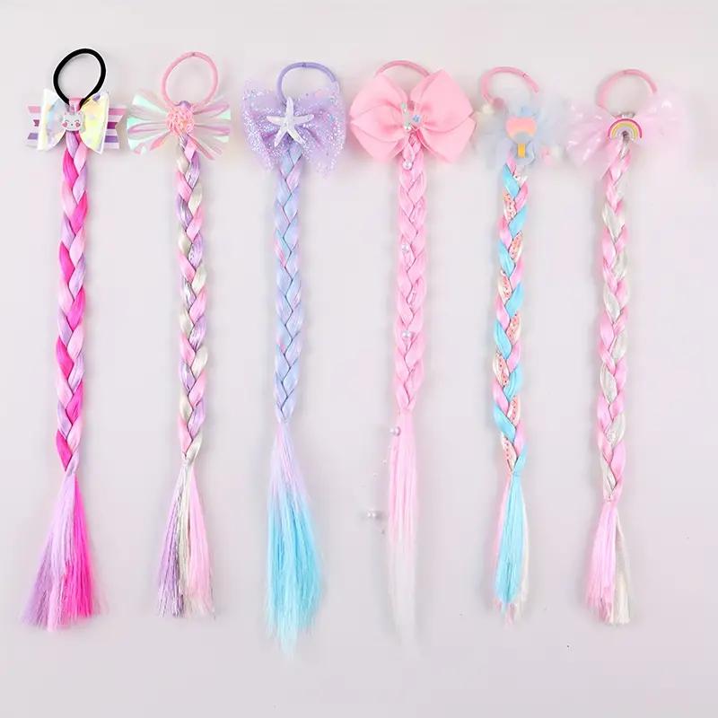 6 шт., цветные косы для наращивания волос с резинками, банты, радужные разноцветные синтетические шиньоны, блестящие плетеные наращивание волос