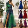 Women's One-Shoulder Floral Evening Gown with Sheer Long Sleeves, Elegant Formal Dress with High Slit