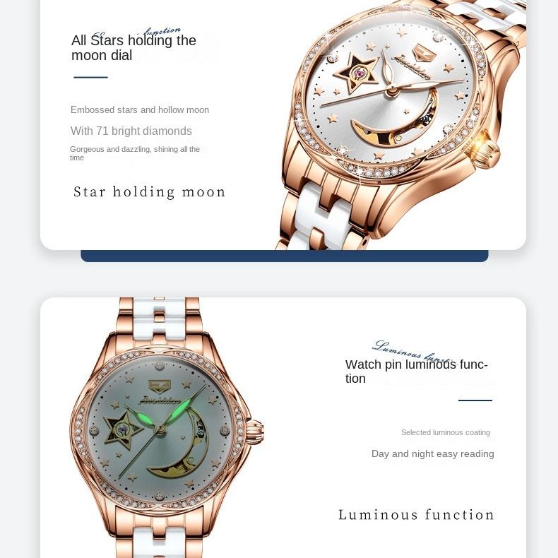 JINSHIDUN брендовые автоматические механические часы Star Moon Hollow, модные механические женские часы, женские часы