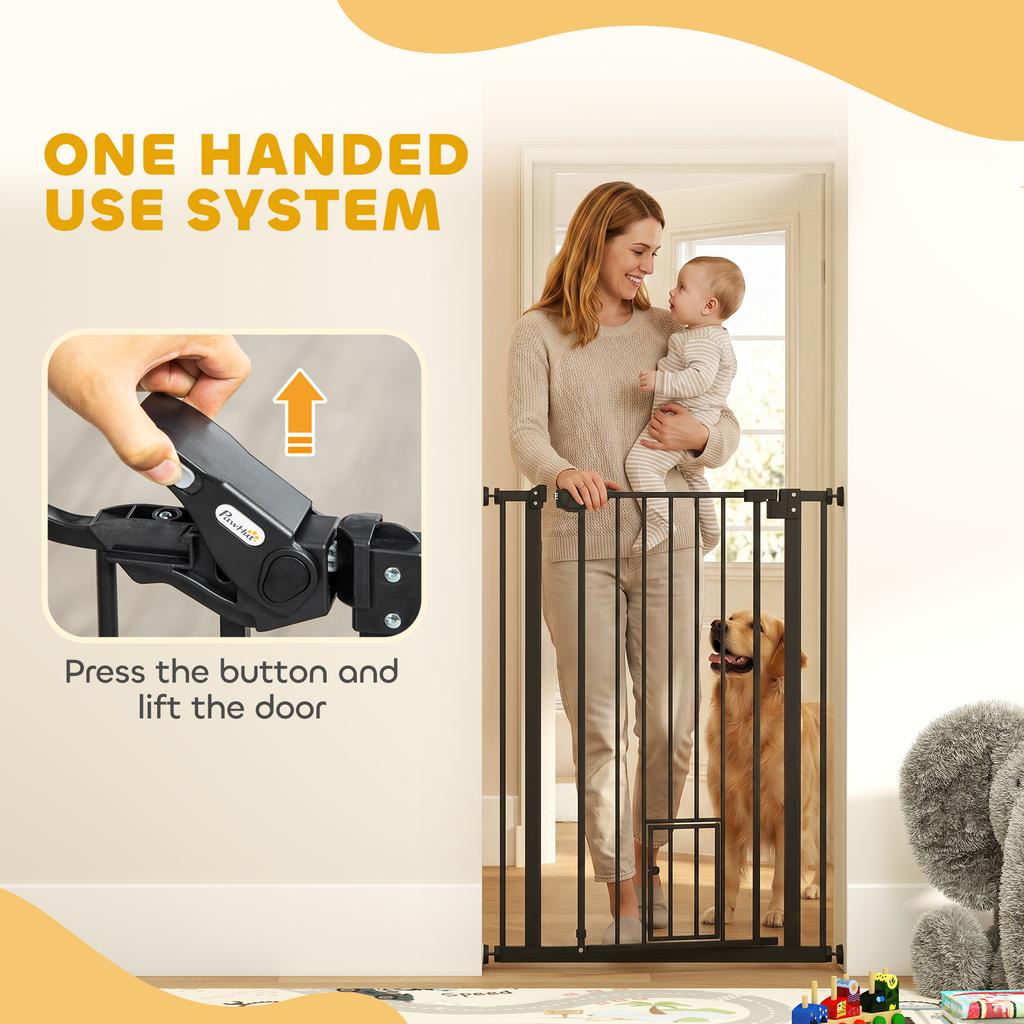 Extra Tall Pet Gate Indoor Dog Safety Gate With Cat Flap Auto Close 74 80 Cm Wide Black