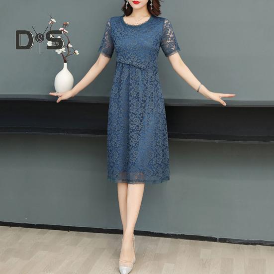 Women Dress Hollow Out Lace Round Neck Solid Color Flower Embroidery A Line Loose Hem Double Layers Knee Length Short Sleeve Lady Midi Dress