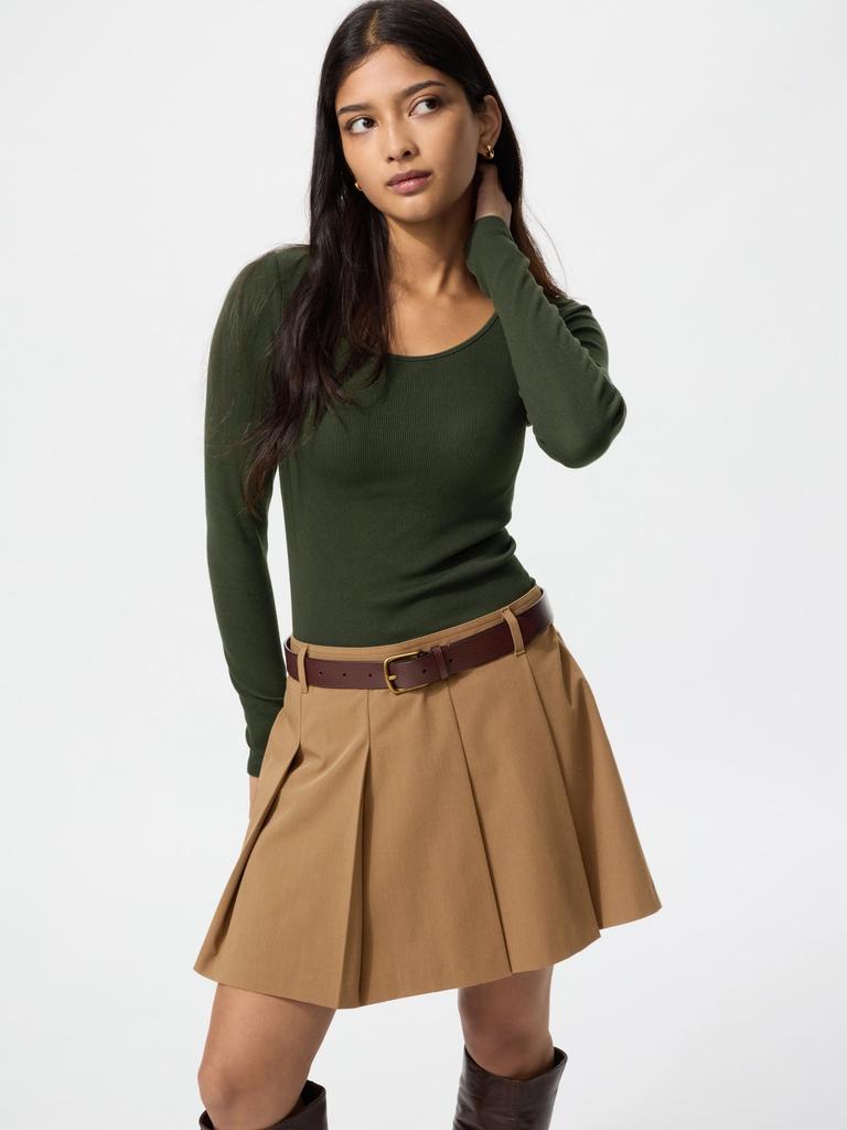 Uniqlo Ультра теплое термобелье с рубчиком, с U-образным вырезом, футболка с длинным рукавом