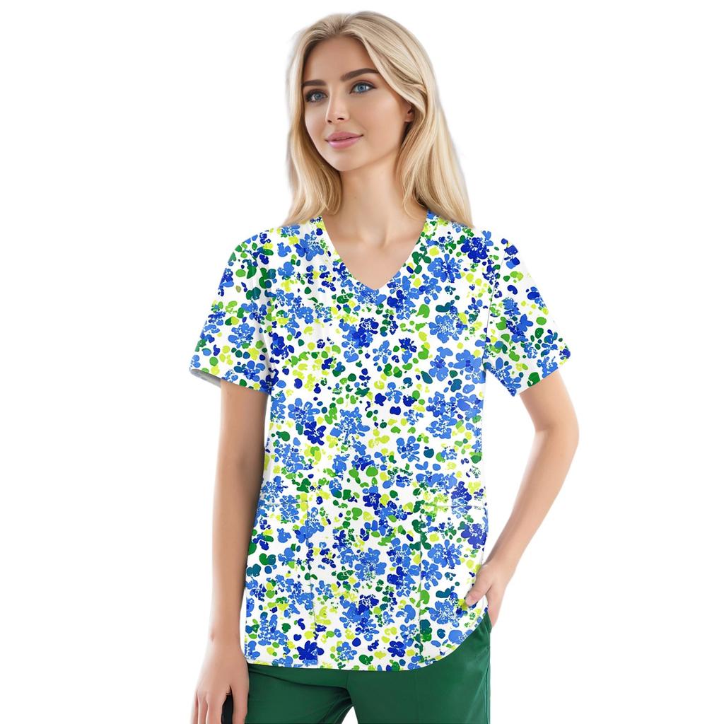 Рабочая форма больших размеров с принтом, топы для женщин, забавные футболки с v-образным вырезом и короткими рукавами, рабочая одежда, футболка с карманами