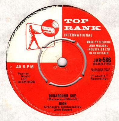 7-дюймовая пластинка DION Runaround Sue JAR586 Top Rank Intern 1961 UK Rock Б/у