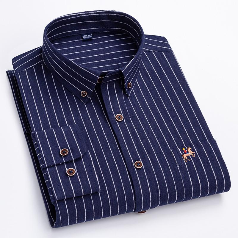 New Cotton Oxford Long Sleeve Business Men Striped Shirts Regular Fit Logo Male Casual Plaid Shirts with Front Pocket