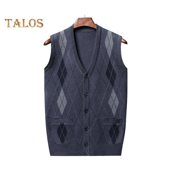 Men Autumn Winter Cardigan Sweater Single-breasted V Neck Sleeveless Buttons Color Matching Stretchy Pockets Knitted Vest Mid-aged Male Top