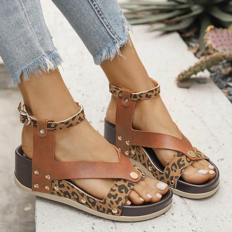 Fashion Summer Leopard Print Wedge Sandals Women Plus Size Ankle Strap High Heel Sandal Female New Slip On Pu Leather Sandalias Mujer