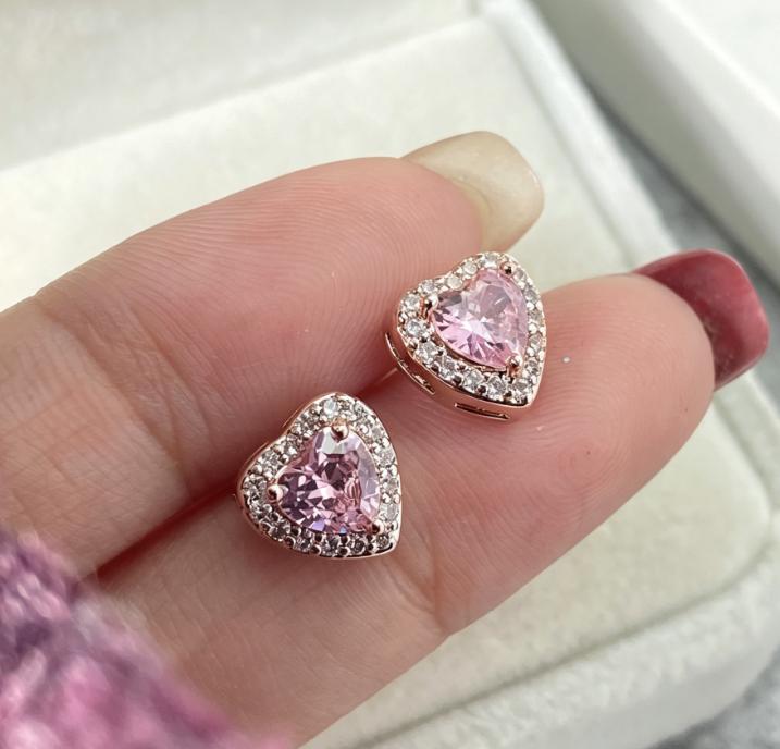 Women Luxury Bling Iced Out Cubic Zirconia pink Heart Ring Rose Gold Hypoallergenic 925 Silver Jewelry Set Earring Necklace Sets
