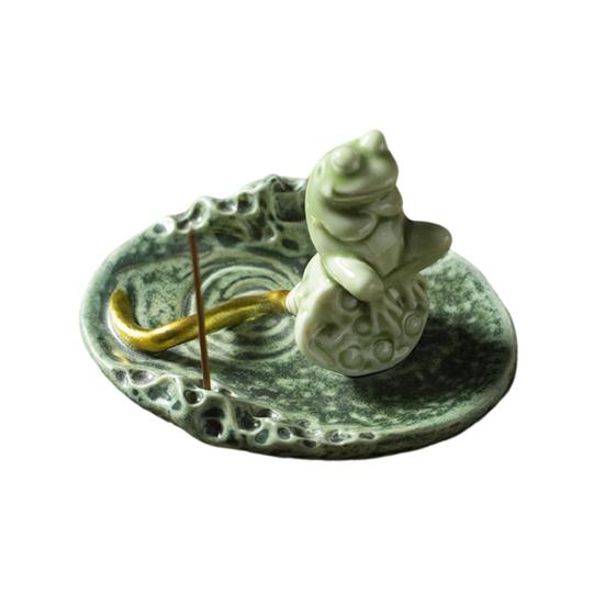 Meditation Frog Incense Stick Holder Ceramics Lotus Leaf Sitting Frog