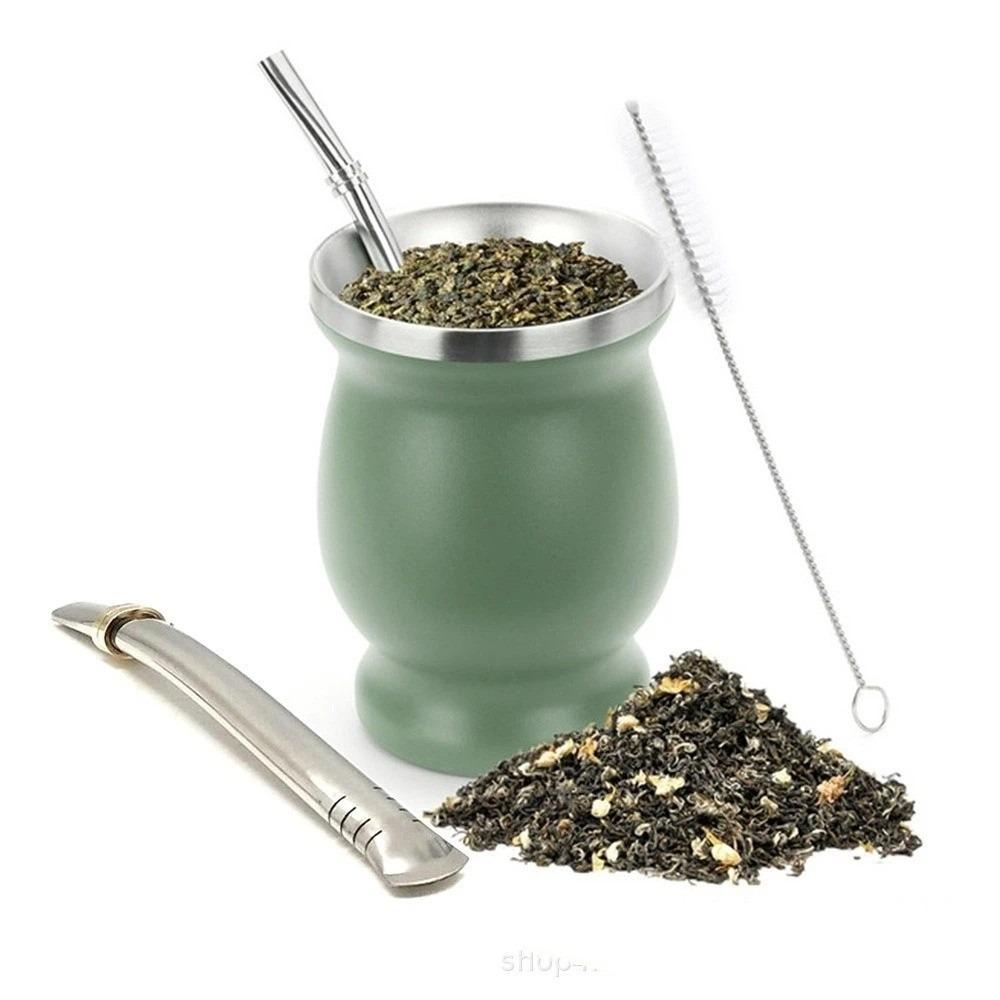 Double Wall Tea Cup Set Stainless Steel Straw Cup Practical Insulated Cup Tea Drinking