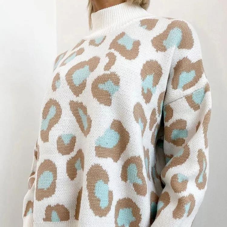 Зимние женские повседневные свитера с леопардовым принтом, базовые белые джемперы с воротником-стойкой, винтажные теплые вязаные пуловеры для женщин