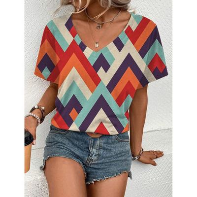 Модная легкая и удобная уличная элегантная футболка с короткими рукавами и геометрическим графическим принтом, повседневный женский топ с V-образным вырезом