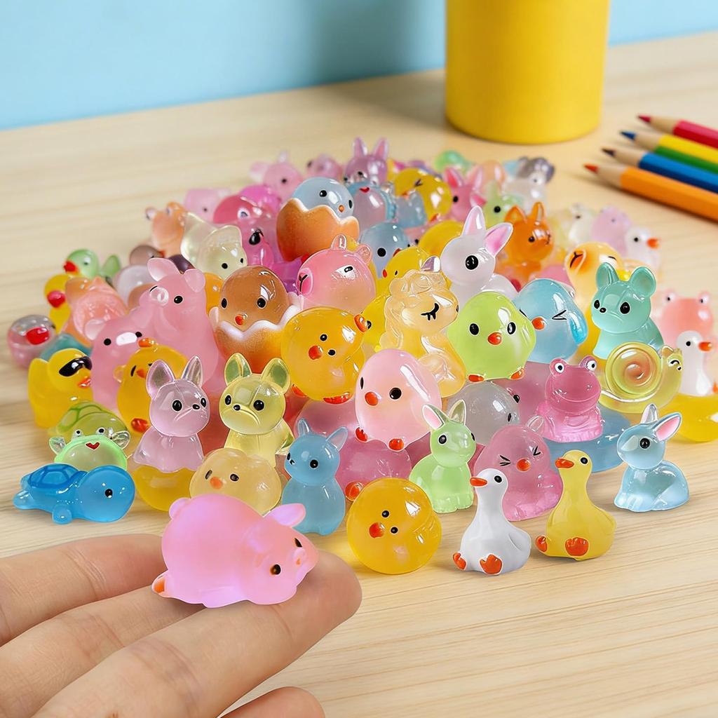 50PCS Mini Resin Animals Variety Pack, Random Assorted Tiny Resin Animal Figurines Glow in the Dark for Fairy Garden Accessories, Aquarium and Micro