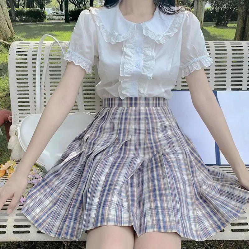 Deeptown Kawaii Блузки в стиле Лолиты, белые женские милые кружевные топы, рубашки с рюшами, винтажные милые топы с пышными рукавами в японском консервативном стиле
