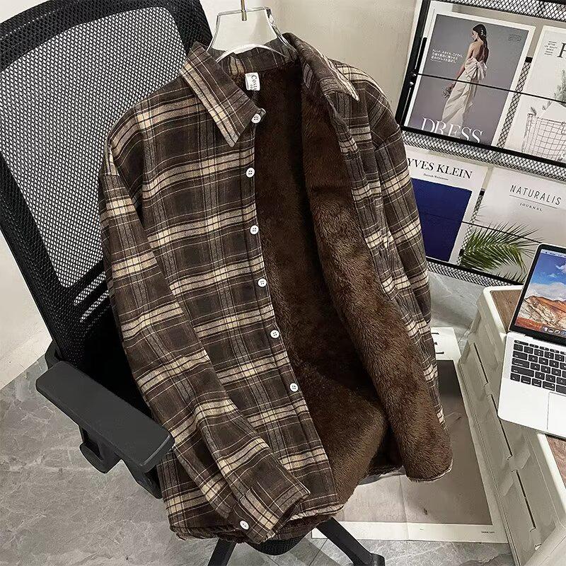Мужская фланелевая рубашка на флисовой подкладке в клетку - Повседневная куртка в стиле ретро с длинным рукавом для осени/зимы