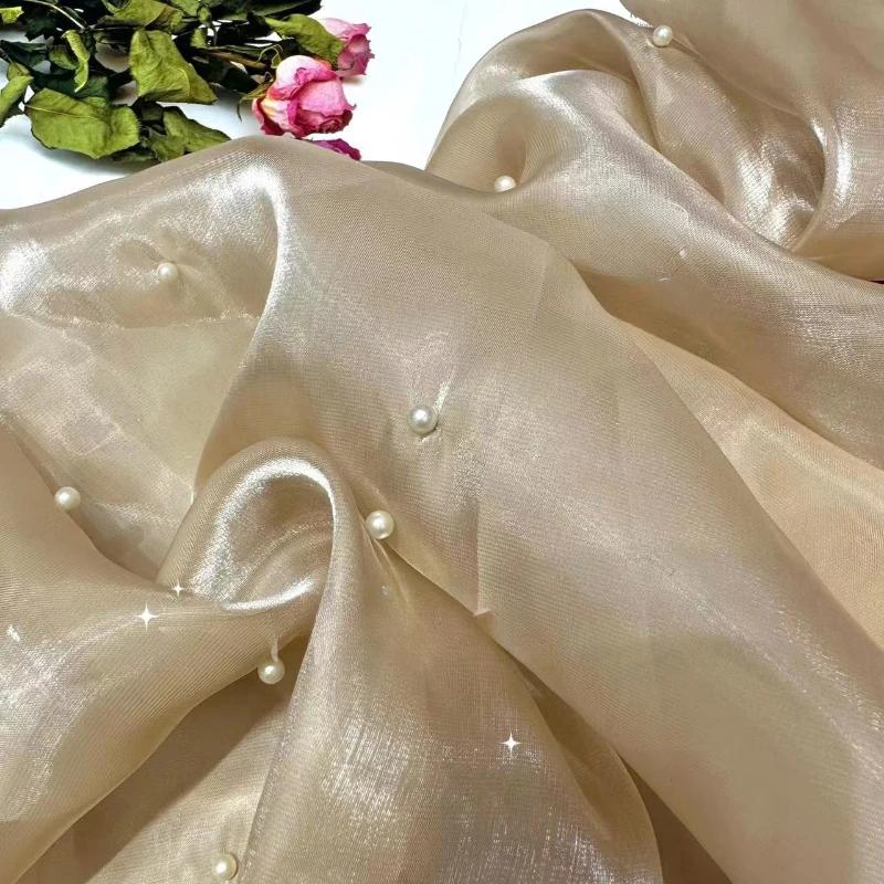 1 Yard Pearl Organza Fabric for Needlework Dress Children Skirts Wedding Diy Sewing Gauze Cloth Glossy Thin Smooth