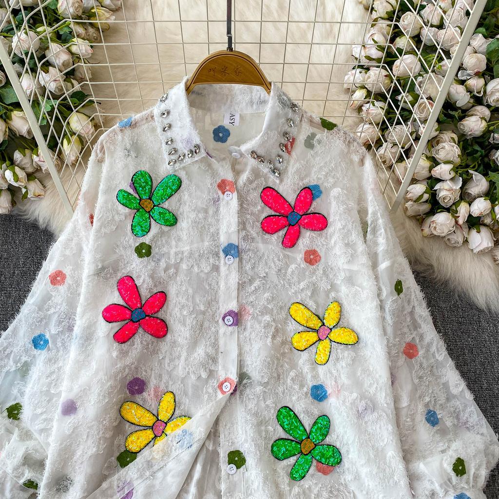 Премиальная рубашка с лацканами и рукавами-фонариками, украшенная бриллиантовыми пайетками в виде цветов, женская летняя милая, омолаживающая, свободная, с бахромой