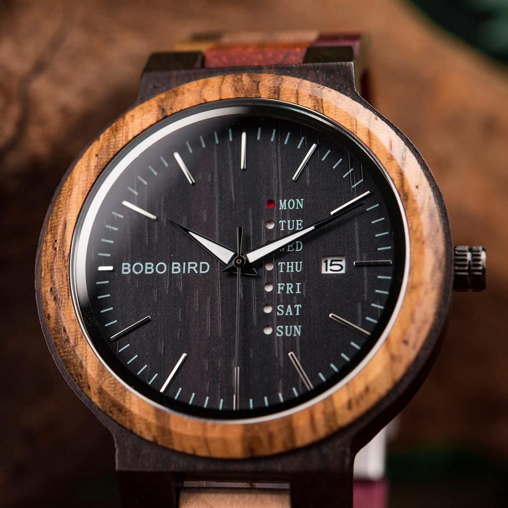 BOBO BIRD Wooden Watch Colorful Wood Watch Day Date Display Multifunctional Handmade Quartz Watch Sports Chronograph Unique Men's Women's (Couple)