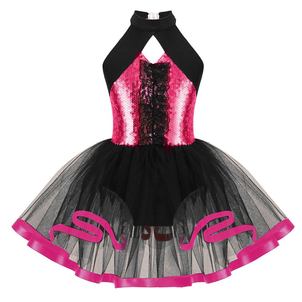 Детское балетное платье-пачка с блестками для девочек, гимнастическое трико с лямкой на шее, современный костюм для латинских джазовых танцев