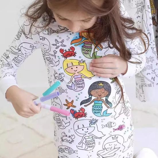 2 шт./комплект, детская раскрашиваемая пижама своими руками с бесцветными забавными персонажами, круглый вырез, длинные рукава, развивающая креативность, индивидуальное самовыражение, одежда для сна