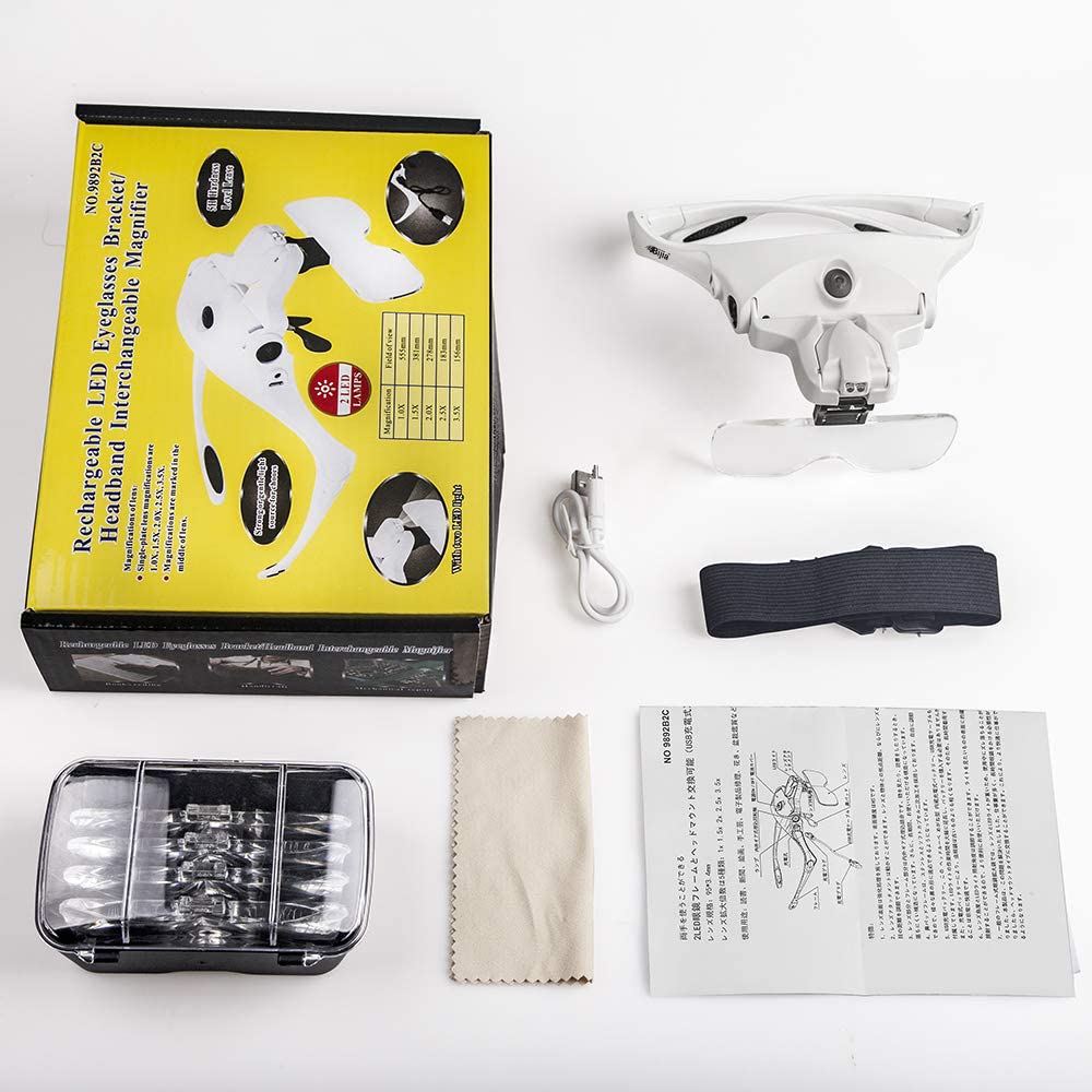 Bijia Очки Модернизированная USB Перезаряжаемая Головная Лупа со Светодиодной Подсветкой и Эластичной Лупой для и Точности 5 Сменных Линз